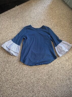 DG2 by Diane Gilman Navy Top with Blue-White Striped Ruffle Sleeves